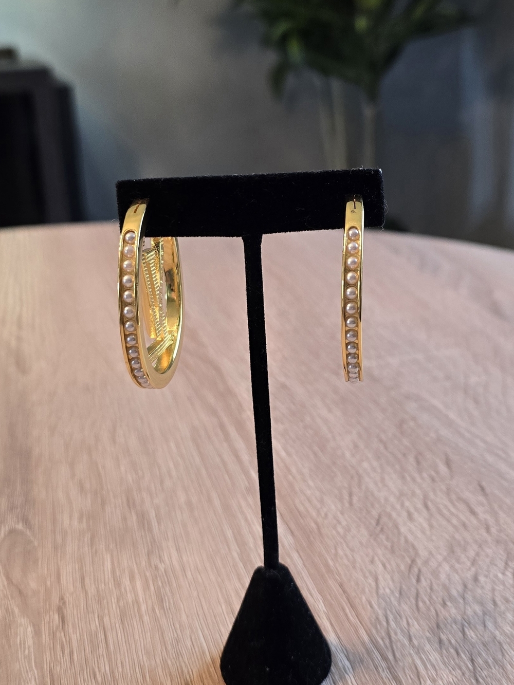 Gold Large Logo Hoop Earrings with Pearl Accent - Designer Style - Picture 3 of 10